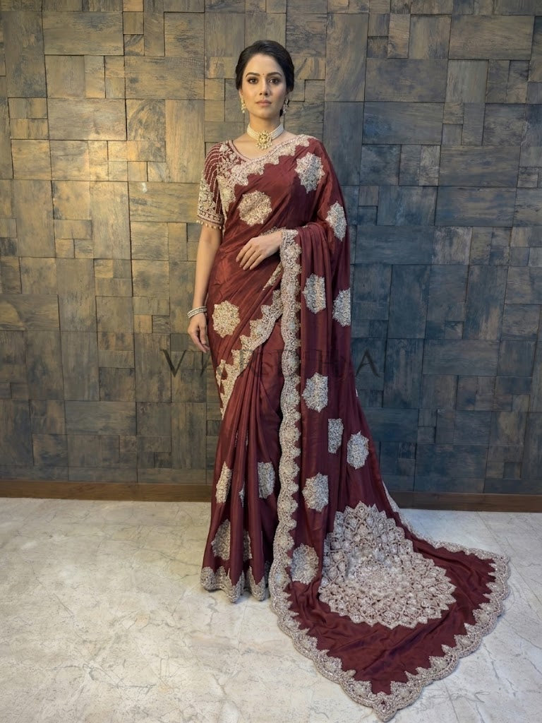 Maroon Satin Crepe Saree with Silver Cutdana &amp; Beads Handwork