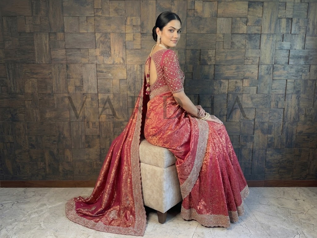 Pink Kanjivaram Handwork Saree with Gold Zari Jaal &amp; Scalloped Zircon Border