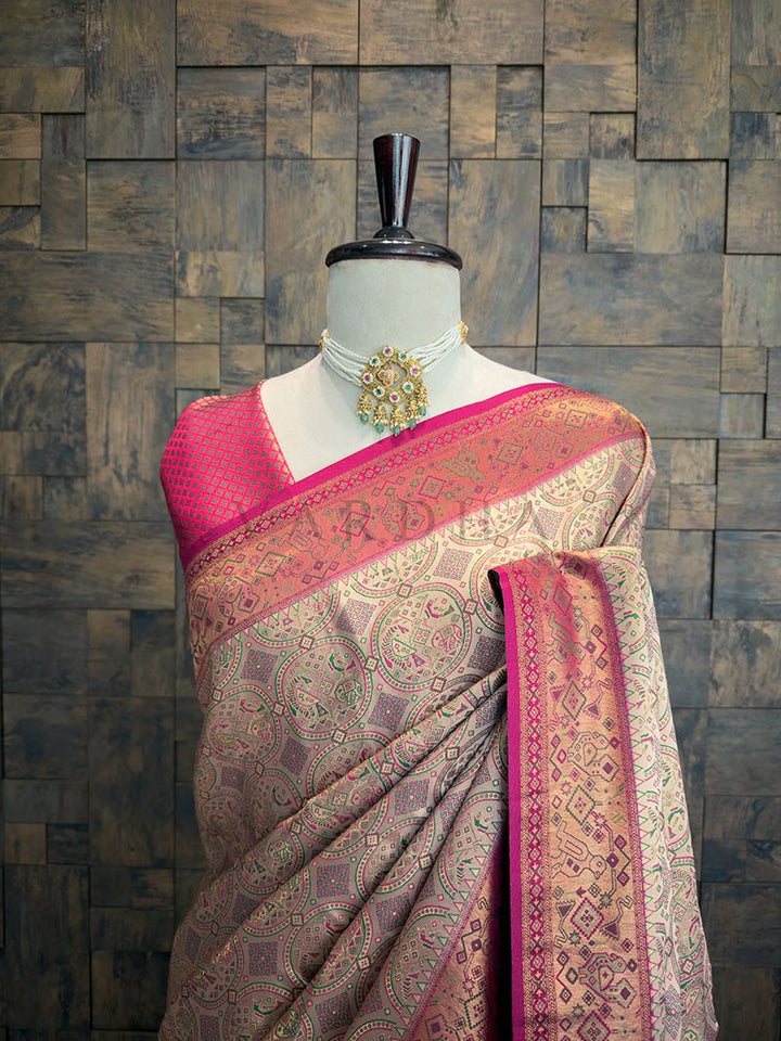 Cream Wine Woven Kalamkari Art Silk Saree with Zari Work