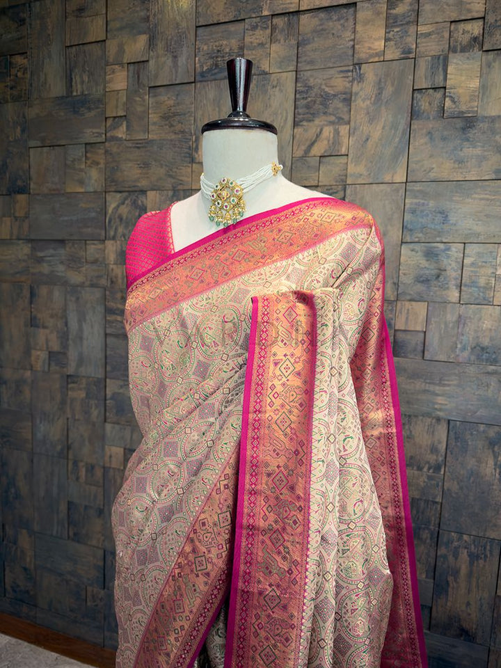 Cream Wine Woven Kalamkari Art Silk Saree with Zari Work