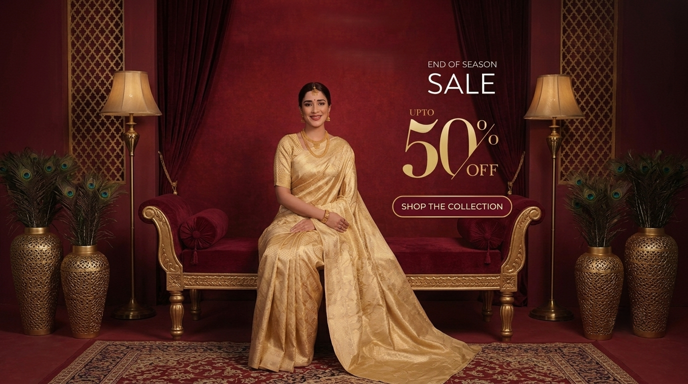 A woman wearing a gold saree sits on an ornate gold sofa in a richly decorated room with red drapery, lamps, and large decorative vases. Sale text on the right reads 'END OF SEASON SALE UPTO 50% OFF SHOP THE COLLECTION'.