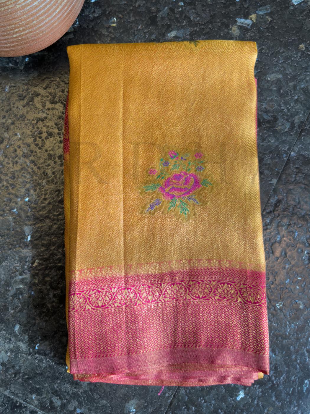 Mustard Yellow Kalamkari Art Silk Saree with Woven Zari