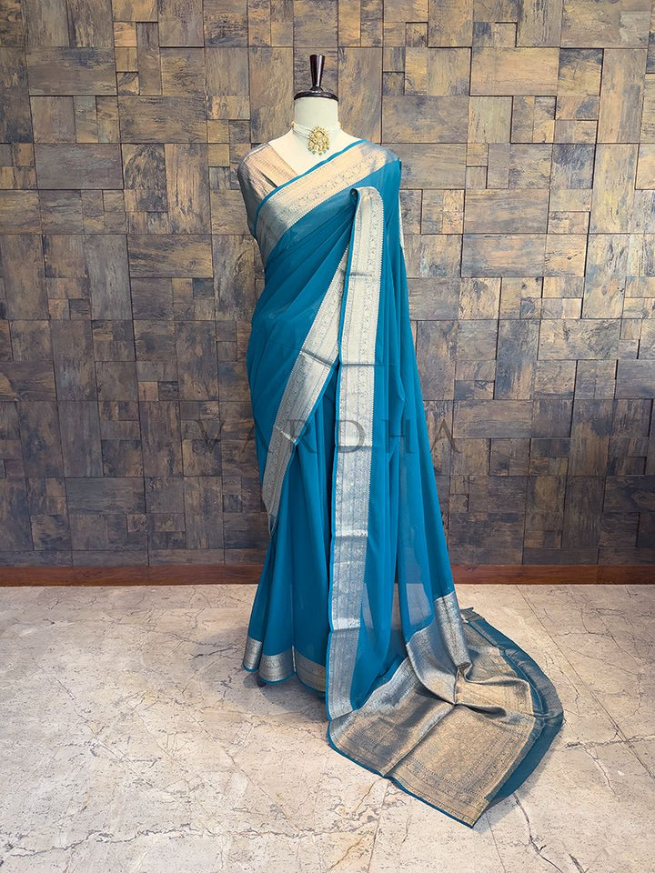 Rama Georgette Feather Soft Saree with Gold Zari Work