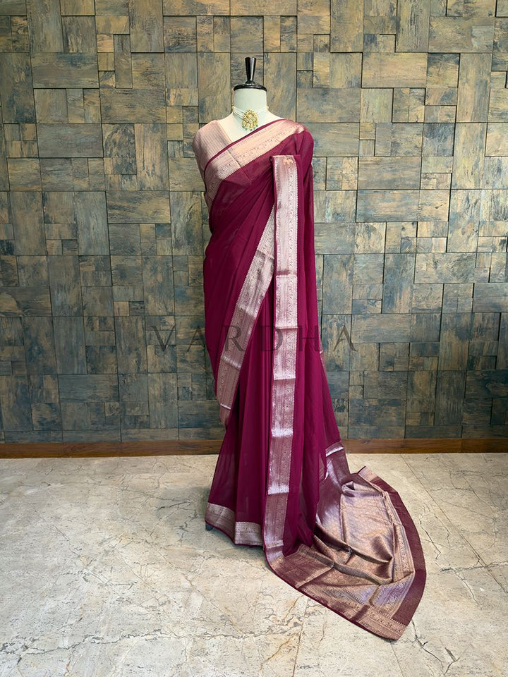 Wine Georgette Feather Soft Saree with Gold Zari Work