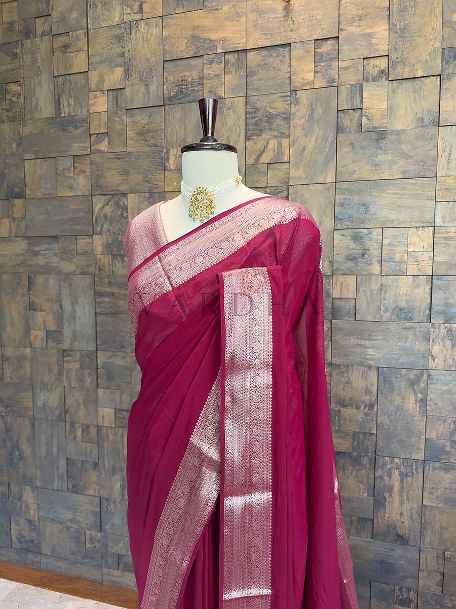 Wine Georgette Feather Soft Saree with Gold Zari Work