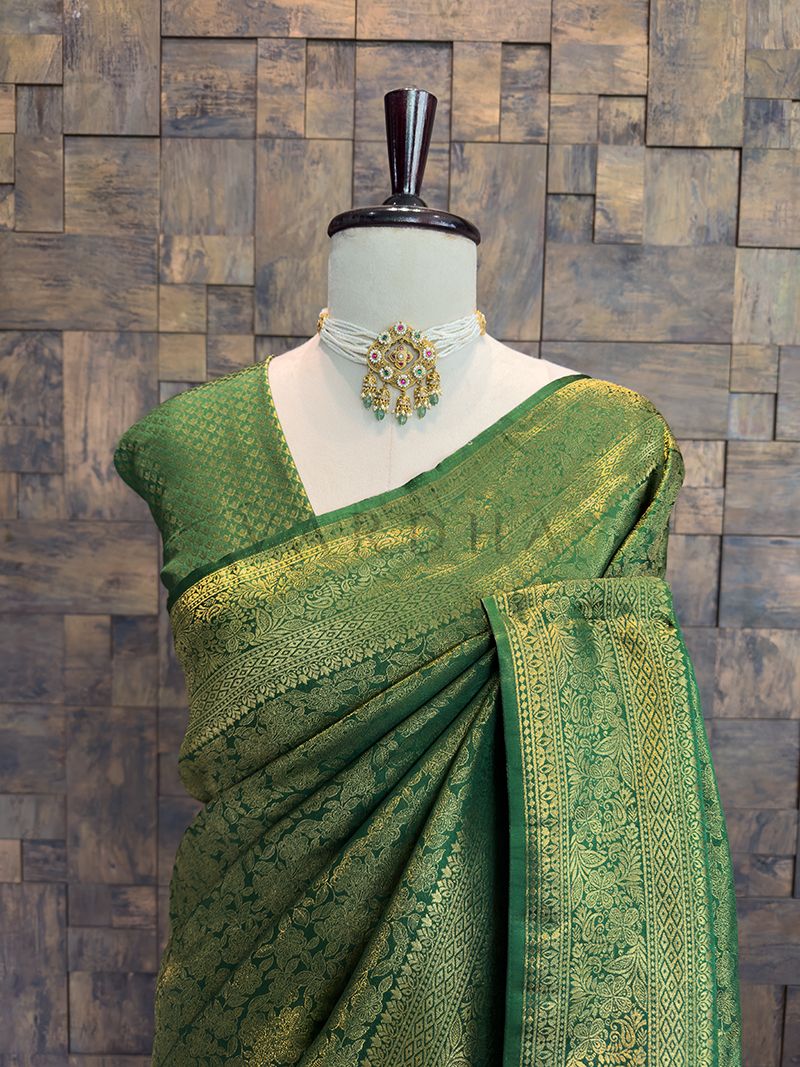 Emerald Green Kanjivaram Silk Saree with Gold Zari Weave