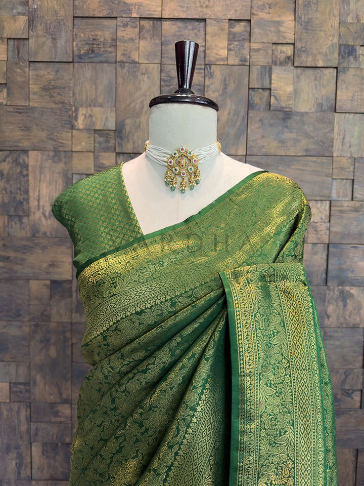 Emerald Green Kanjivaram Silk Saree with Gold Zari Weave