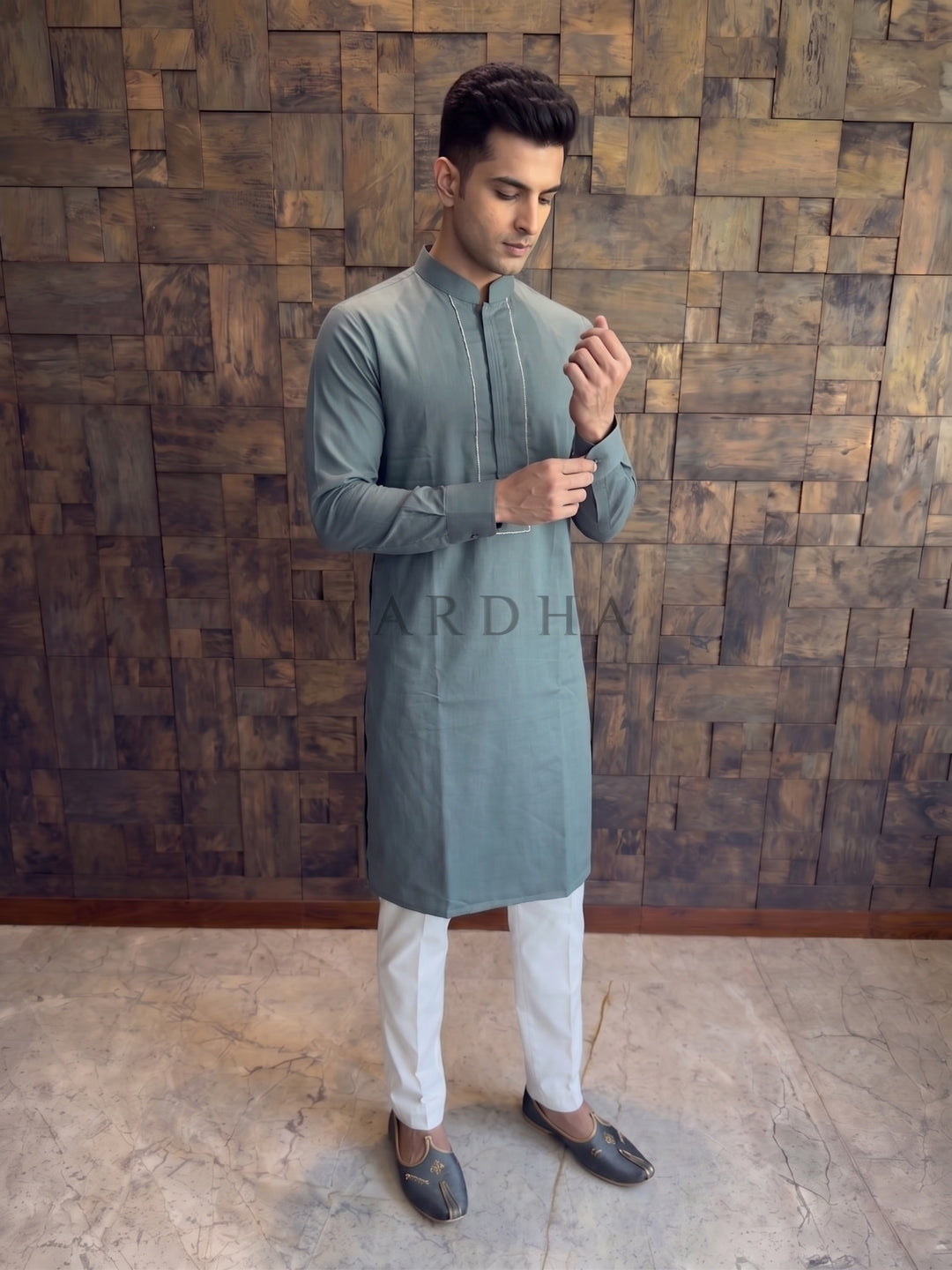 Slate Green Cotton Kurta with Concealed Pintuck Placket