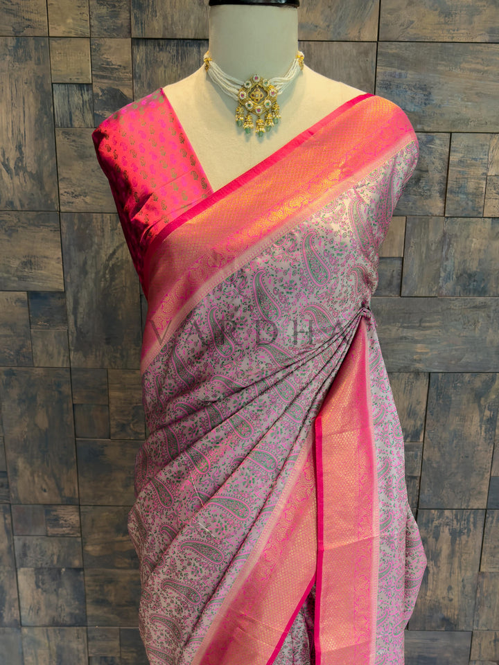 Grey Tanchoi Silk Saree with Multicolor Paisley Weave