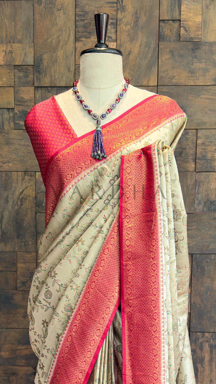 Wine-Cream Woven Kalamkari Art Silk Saree with Zari Work
