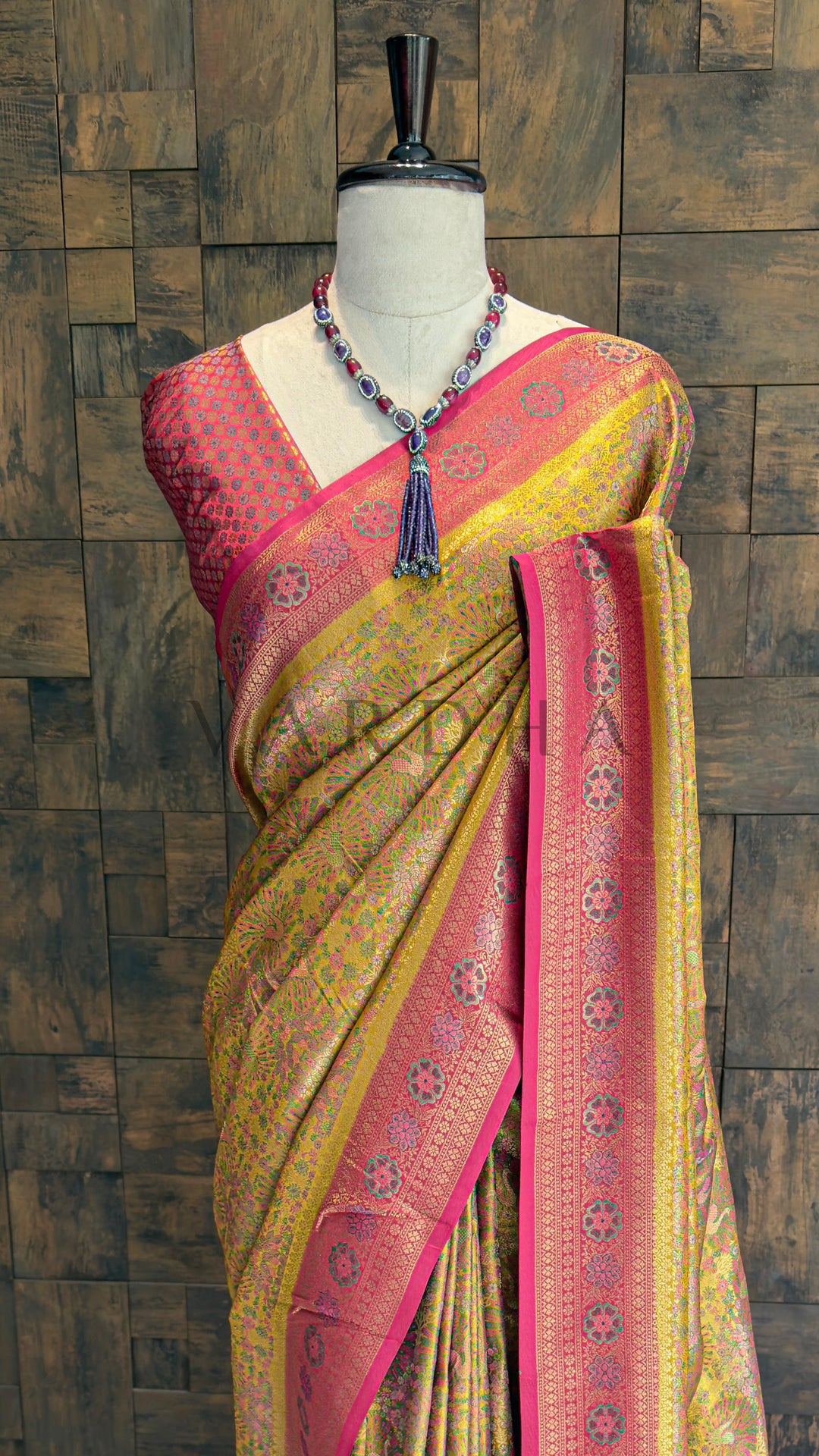 Mustard-Pink Kalamkari Art Silk Saree with Gold Zari