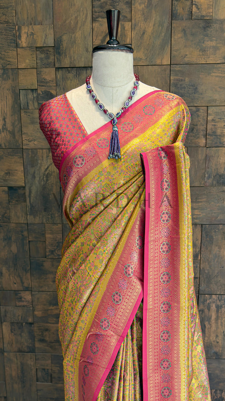 Mustard-Pink Kalamkari Art Silk Saree with Gold Zari