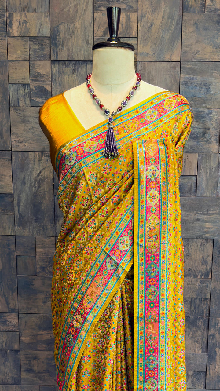 Mustard Yellow Viscose Katan Silk Saree with Zari Floral Buttis Mustard Satin Blouse
