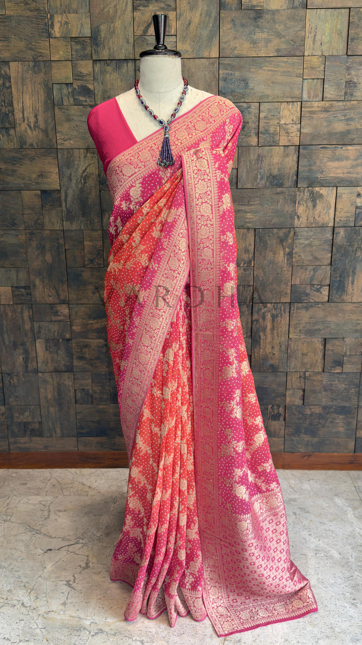Red Bandhani Feathersoft Georgette Saree with Gold Zari Weaving