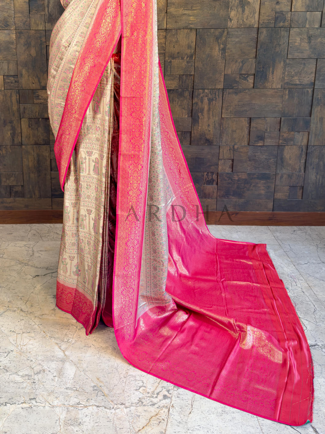 Cream Pink Woven Kalamkari Art Silk Saree with Zari Work