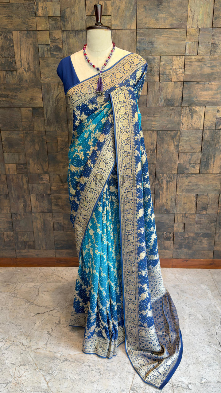 Blue Bandhani Feathersoft Georgette Saree with Gold Zari Weaving
