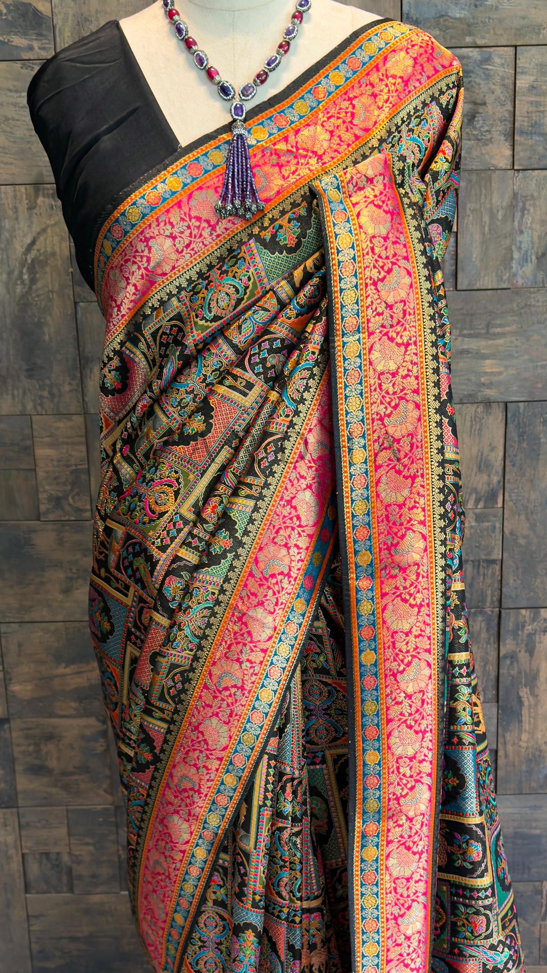Black &amp; Pink Katan Art Silk Saree with Box Pattern Motifs