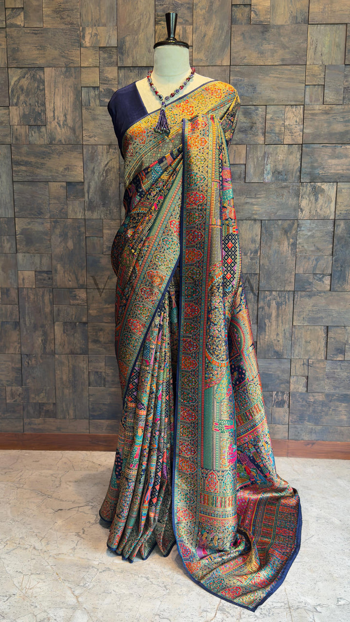 Navy Blue Banarasi Katan Silk Saree | Darbari Style with Traditional Kalamkari Zari Work