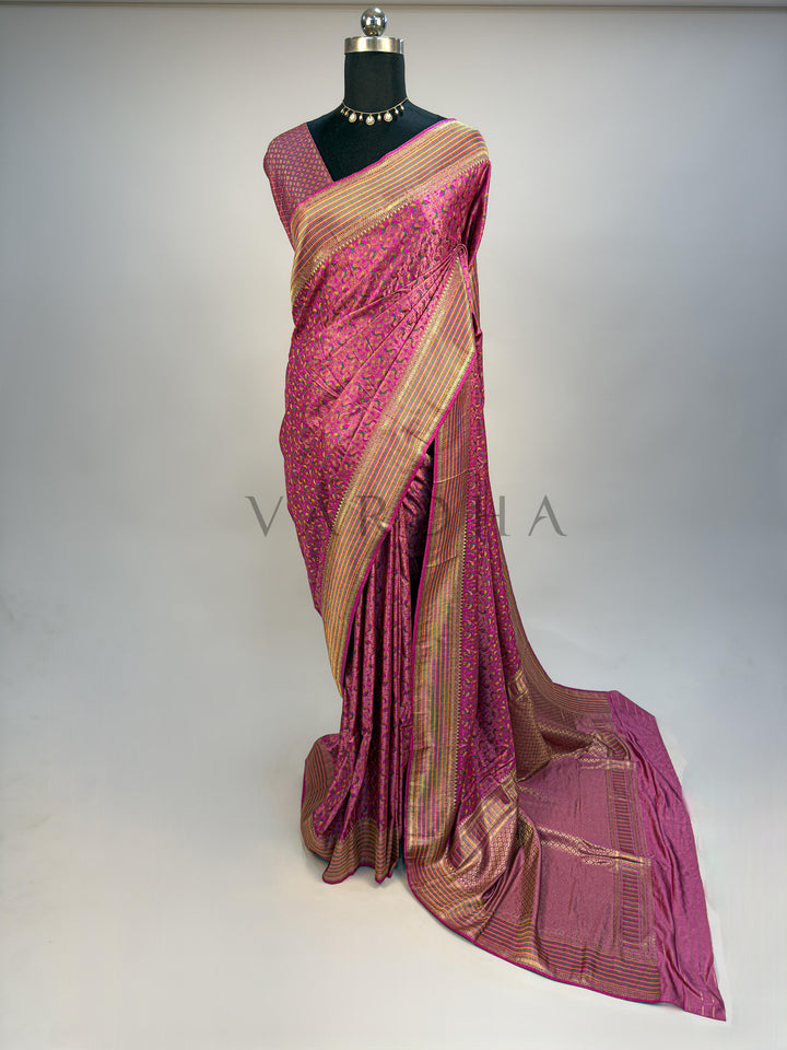 Pink Tanchoi Satin Silk Saree with Multicolor Parrot Motifs &amp; Golden Zari Striped Border