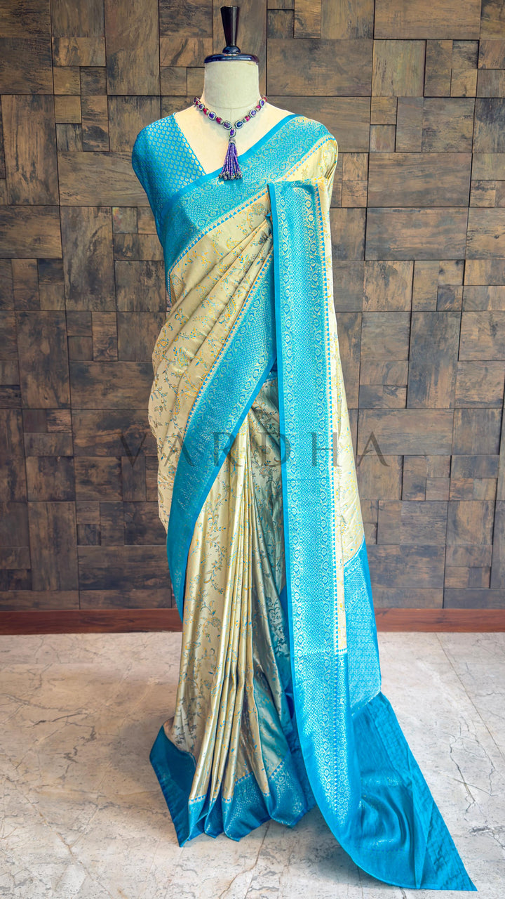 Rama Blue-Cream Woven Kalamkari Art Silk Saree with Zari Work
