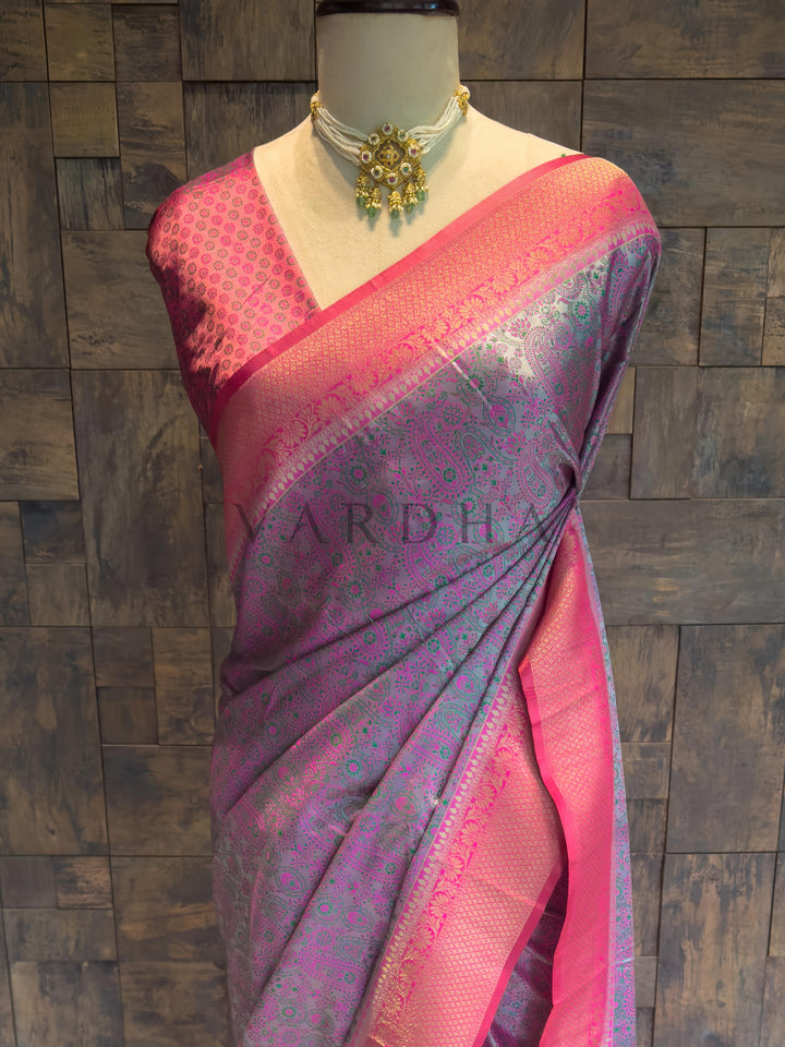Grey-Pink Tanchoi Satin Silk Saree with Zari Border