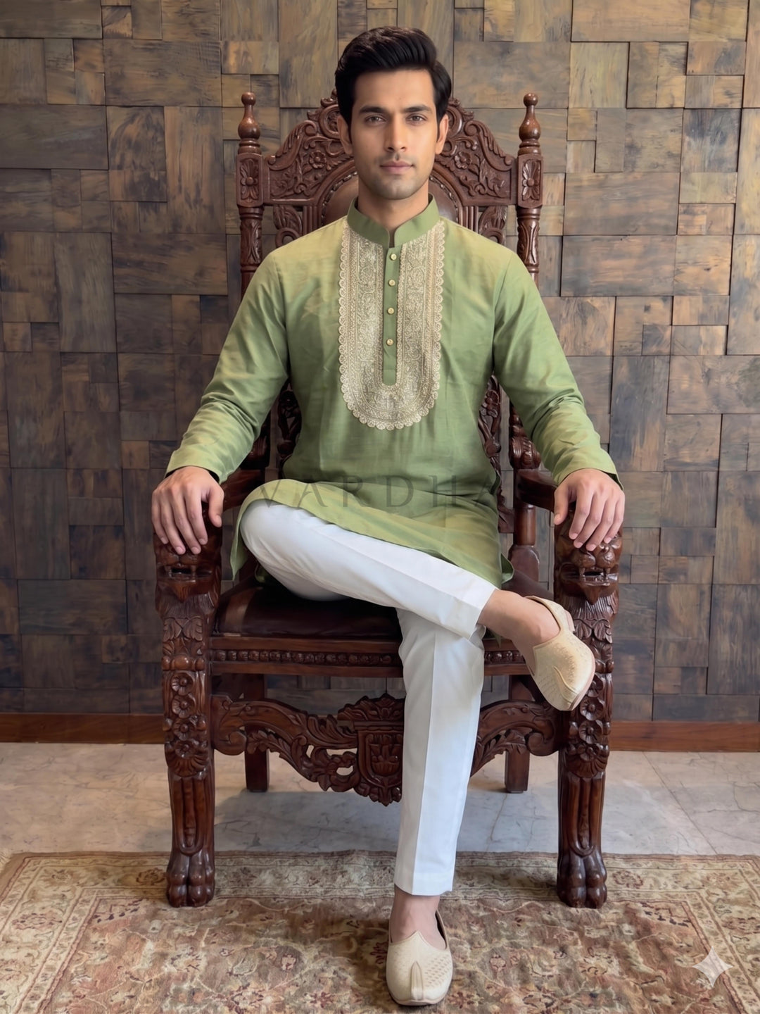 Olive Green Cotton Kurta with Intricate Zari &amp; Sequin Yoke Embroidery