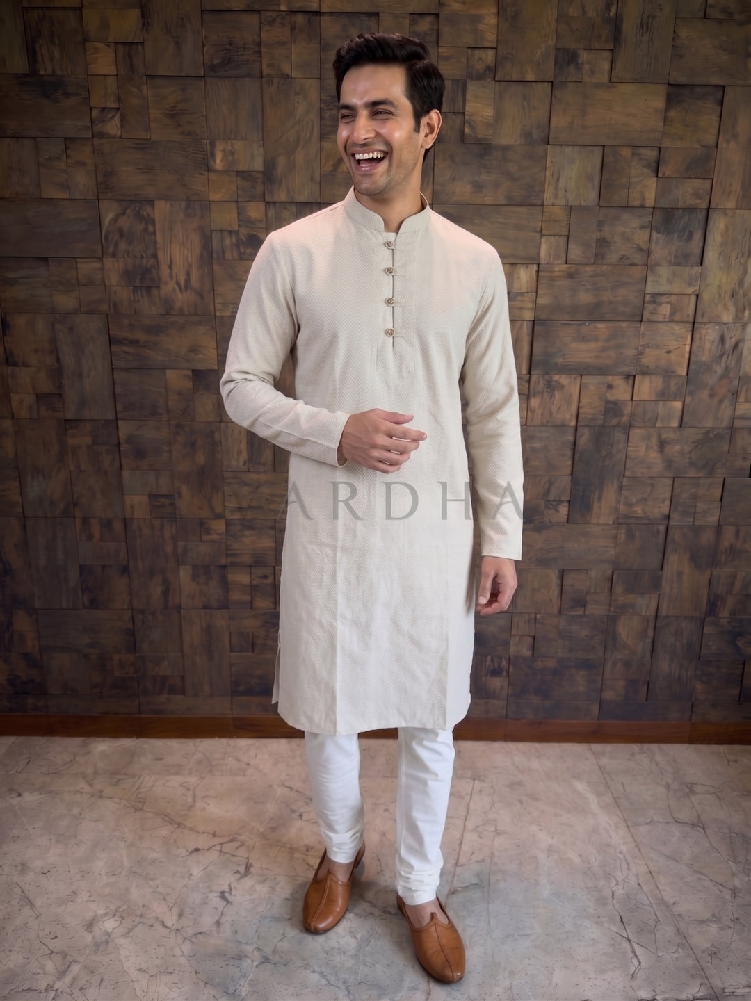 Light Grey Textured Cotton Kurta with Rustic Loop Placket
