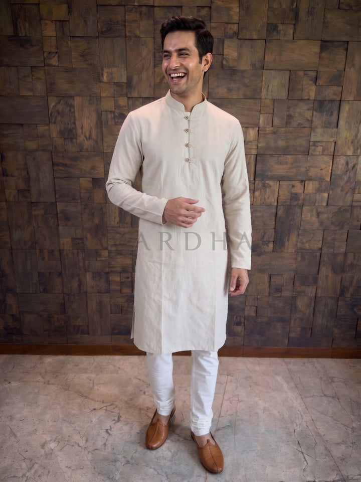 Light Grey Textured Cotton Kurta with Rustic Loop Placket