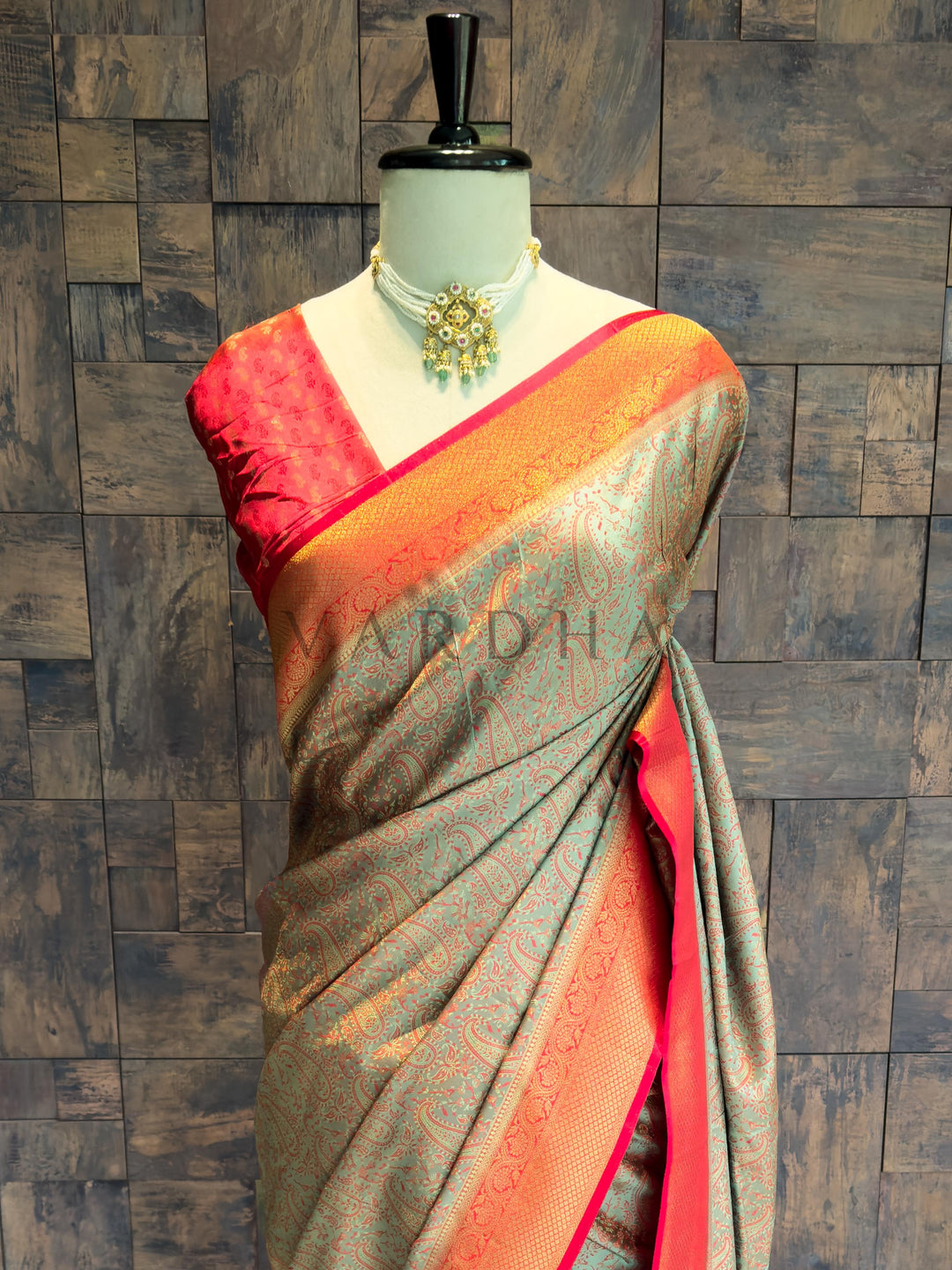 Olive Grey-Red Tanchoi Satin Silk Saree with Zari Work