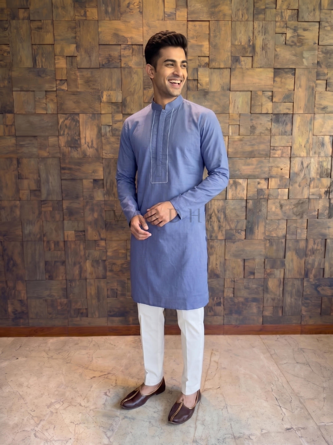French Blue Cotton Kurta with Concealed Pintuck Placket