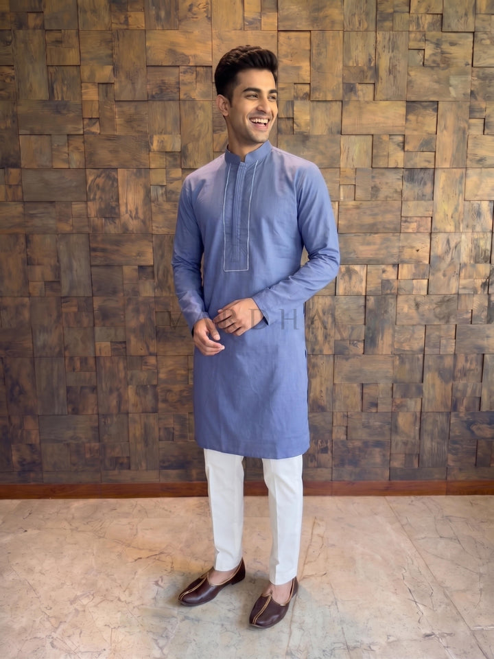 French Blue Cotton Kurta with Concealed Pintuck Placket