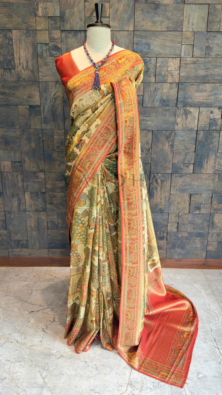 Off-White Mughal Motif Banarasi Katan Silk Saree with Red Tissue Blouse
