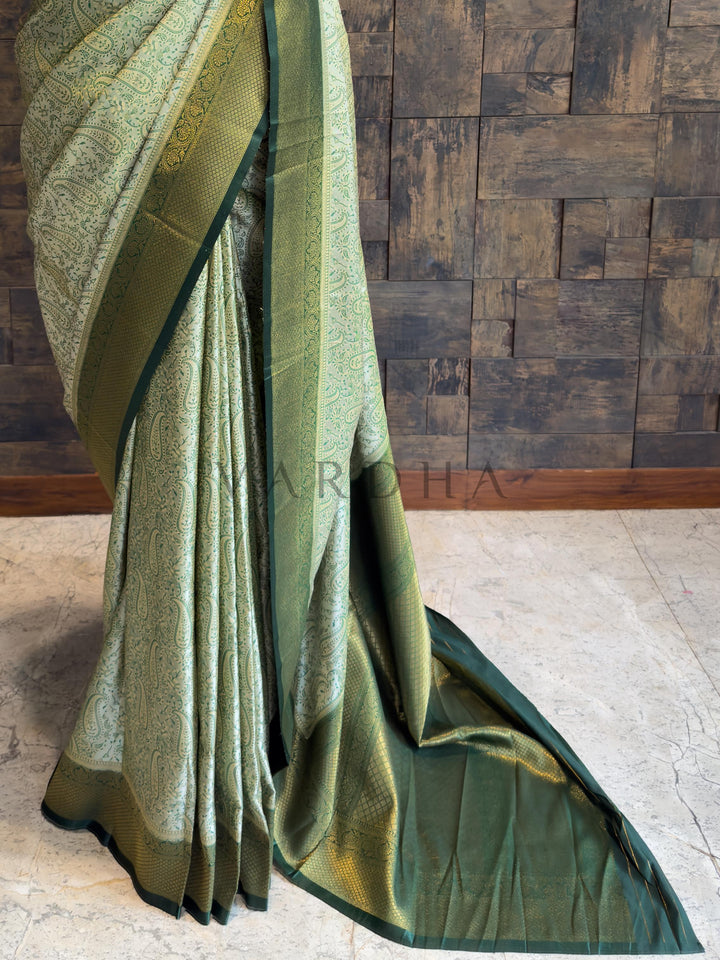 Sage Green Tanchoi Satin Silk Saree with Zari Work