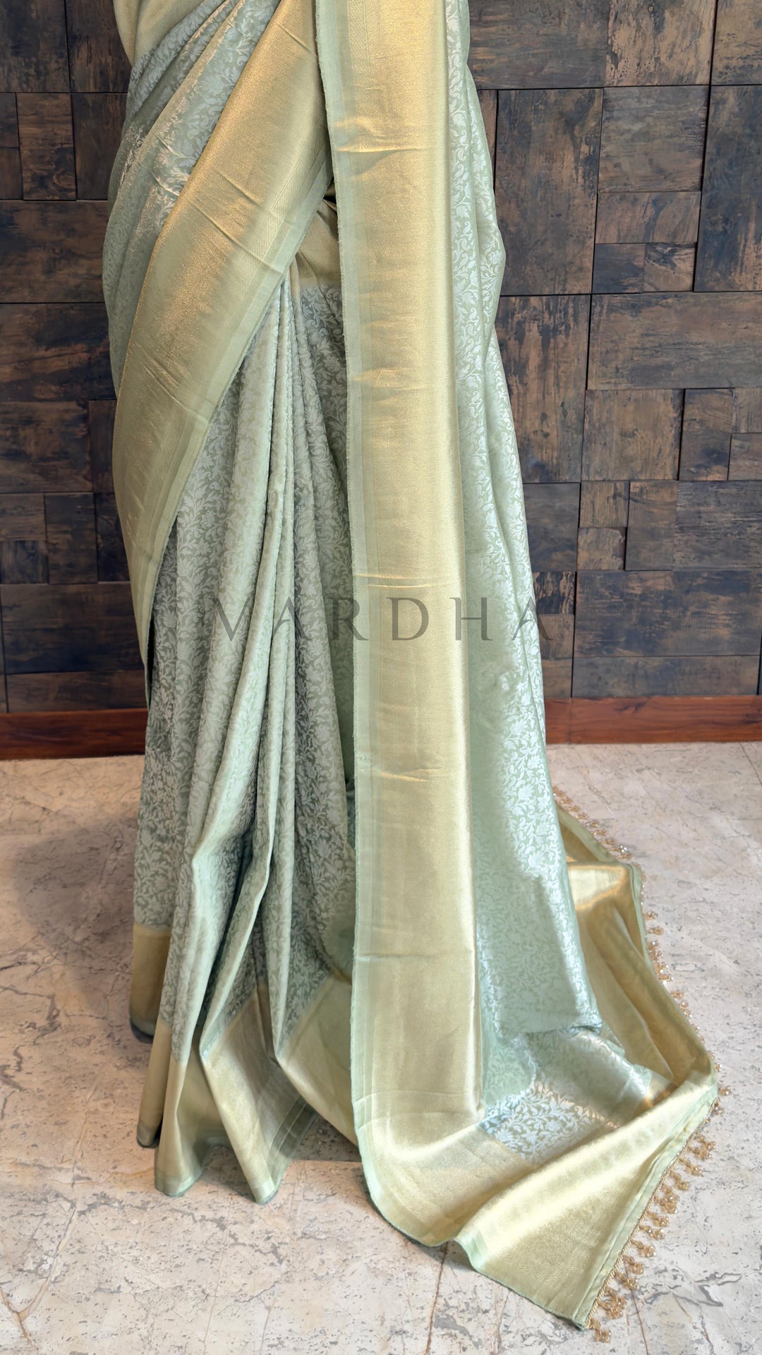 Pista Green Viscose Kanjivaram Tissue Silk Saree with Gold Zari Border