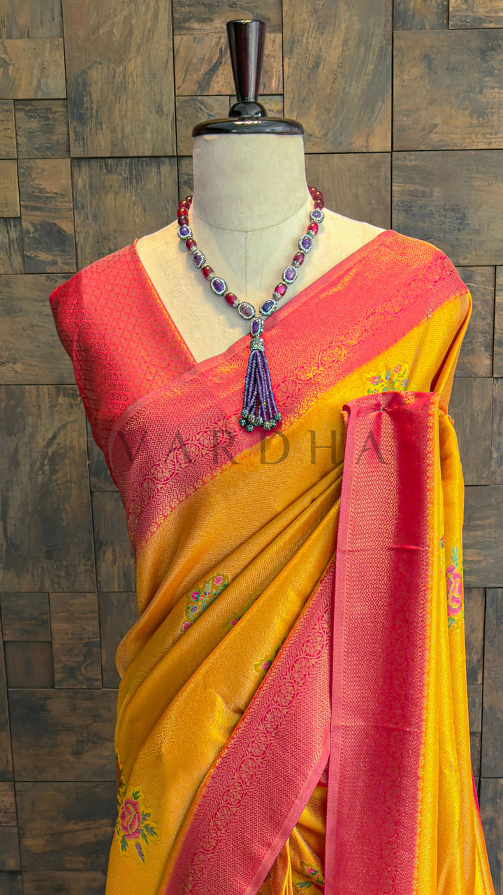 Mustard Yellow Kalamkari Art Silk Saree with Woven Zari