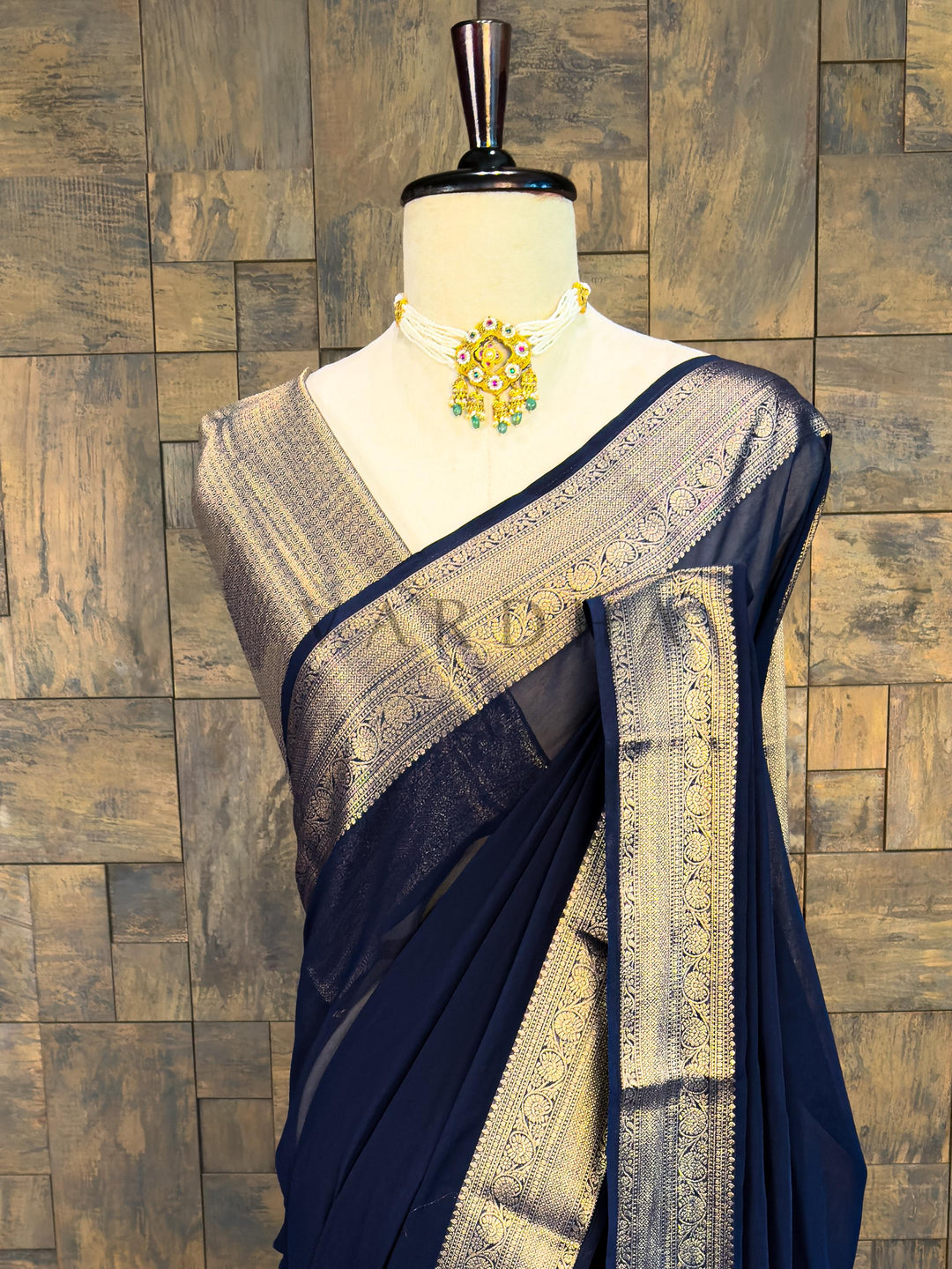 Blue Georgette Feather Soft Saree with Gold Zari Work