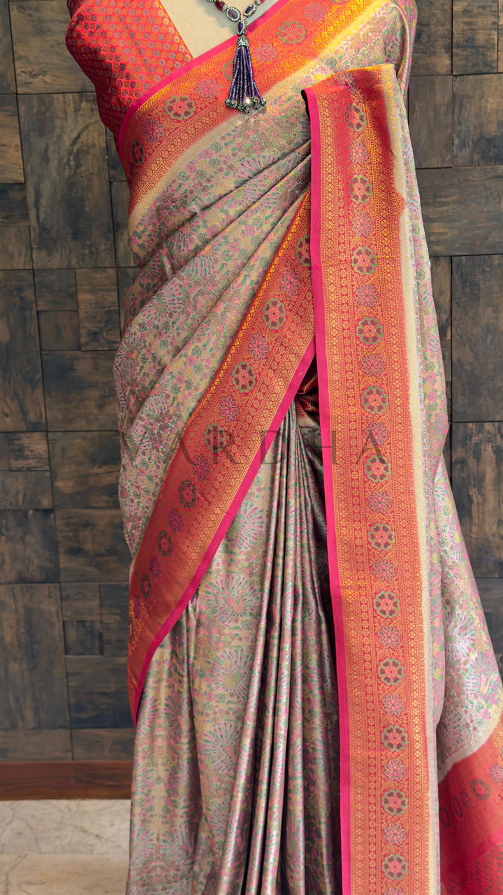 Cream–Pink Kalamkari Art Silk Saree with Gold Zari