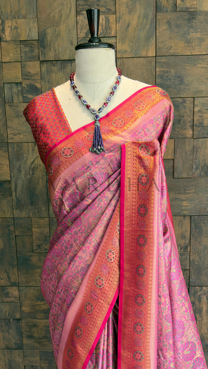 Pink Kalamkari Art Silk Saree with Gold Zari
