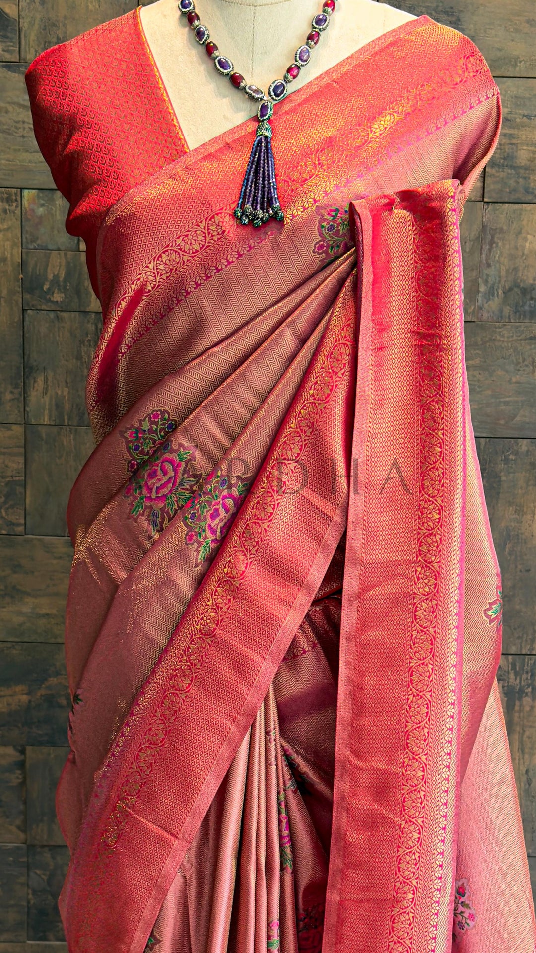 Lilac–Pink Kalamkari Art Silk Saree with Woven Zari work