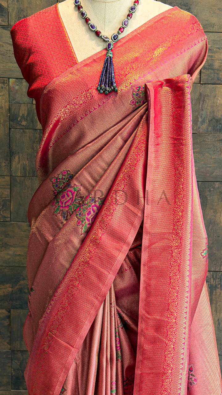 Lilac–Pink Kalamkari Art Silk Saree with Woven Zari work