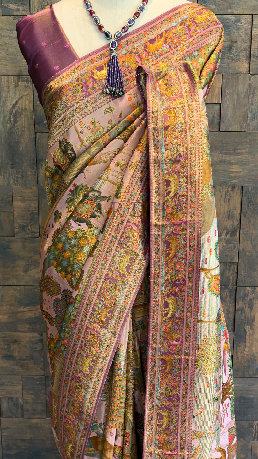 Lilac Mughal Motif Banarasi Katan Silk Saree with Tissue Blouse