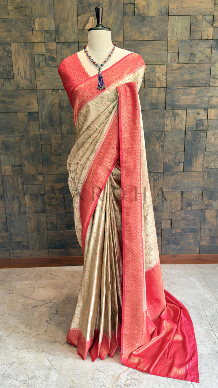 Cream Red Woven Kalamkari Art Silk Saree with Zari Work