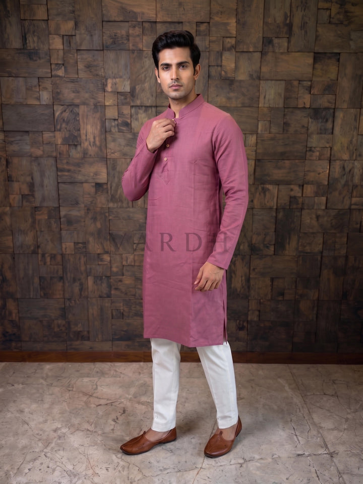Mauve Pink Textured Cotton Kurta with Rustic Loop Placket