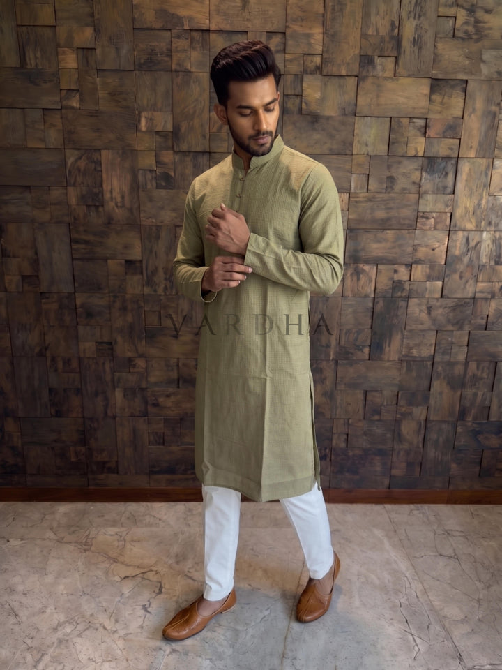 Olive Green Textured Cotton Kurta with Rustic Loop Placket