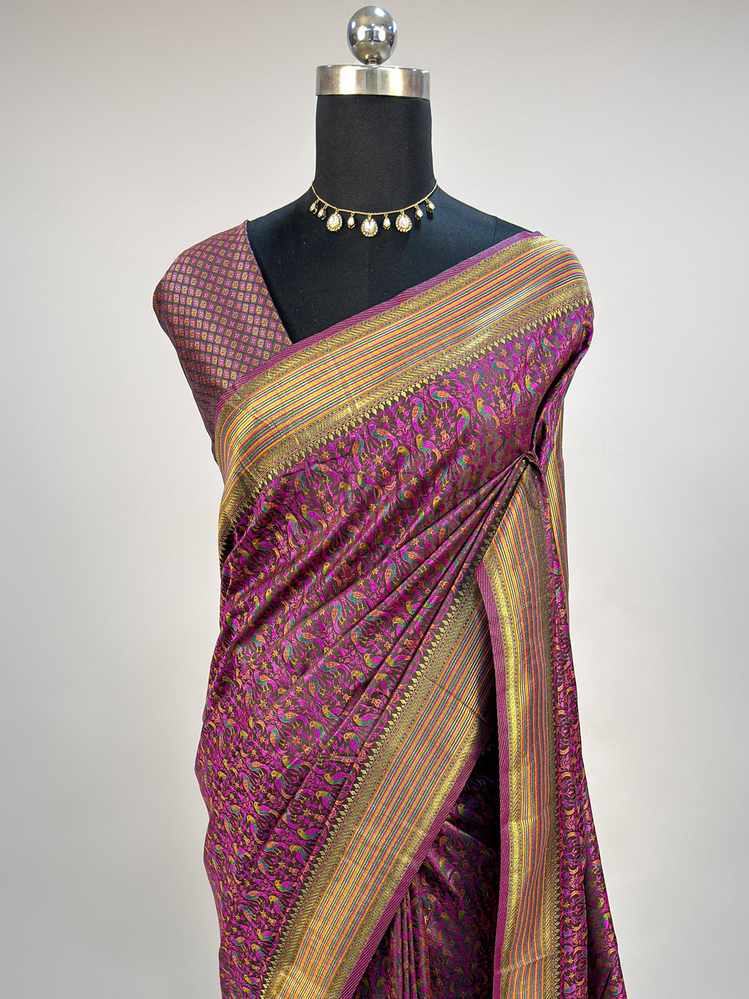Black Tanchoi Satin Silk Saree with Multicolor Parrot Motifs &amp; Golden Zari Striped Border