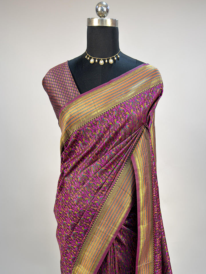 Black Tanchoi Satin Silk Saree with Multicolor Parrot Motifs &amp; Golden Zari Striped Border