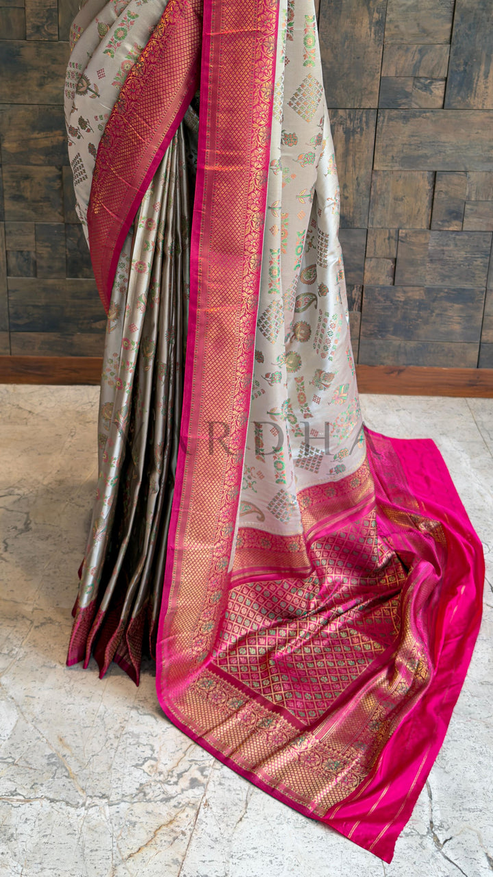 Cream Wine Woven Kalamkari Art Silk Saree with Zari Work