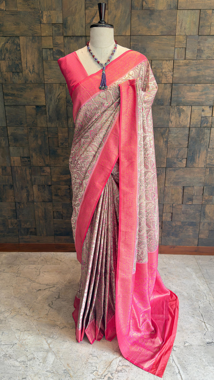 Cream Pink Woven Kalamkari Art Silk Traditional Saree with Zari Work