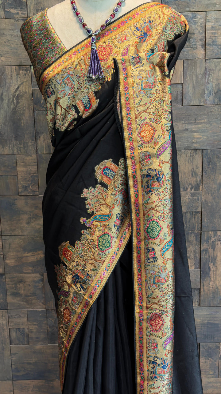 Black Viscose Katan Silk Saree with Zari Jungle Motifs