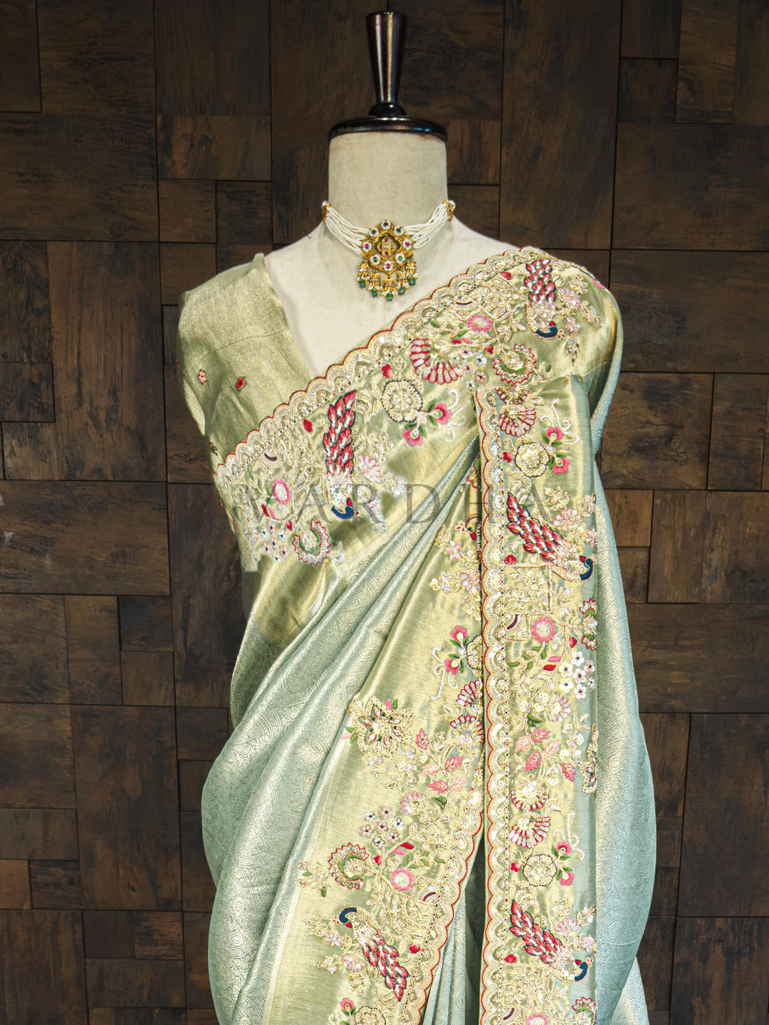 Firozi Saree Kanjivaram Tissue Silk Saree with Zari Weaving &amp; Hand Work